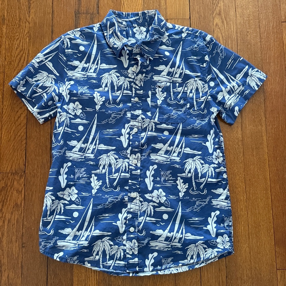 Vineyard Vines Boys Blue Hawaiian Shirt Size Medium (12/14)